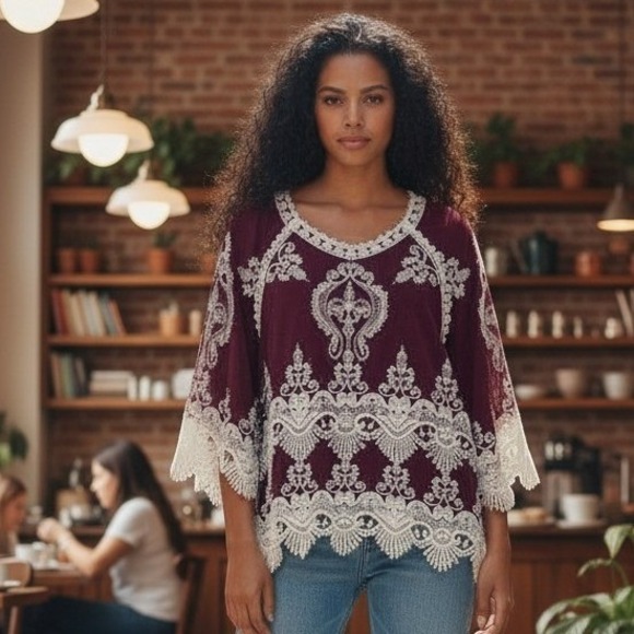 Leo & Nicole Tops - Leo & Nicole Womens Burgundy Boho Lace Embroidered Rayon Blouse Top Medium